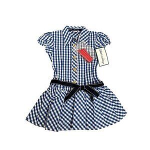 Hartstrings Blue & White Gingham Button-Up Dress With Belt & Puff Sleeves - Size